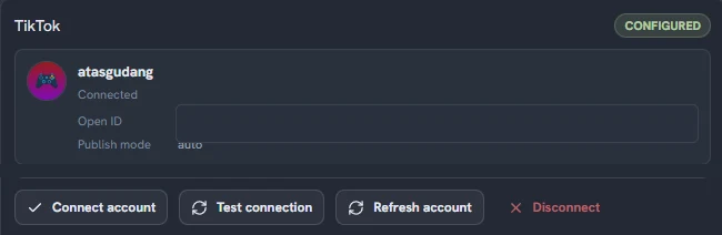 ClipForge TikTok account panel showing a connected creator and controls to connect, test, refresh, or disconnect the account