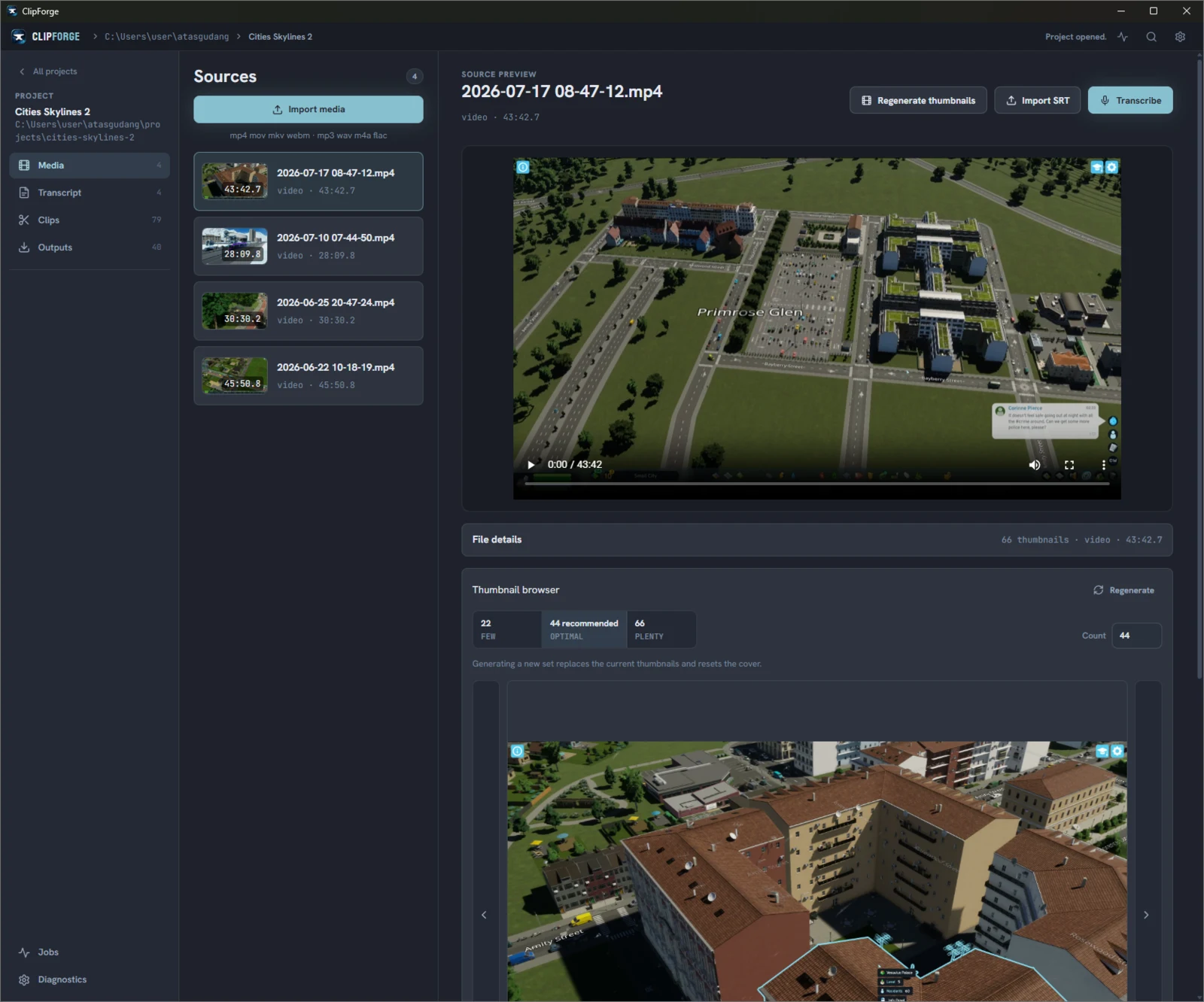 ClipForge media source workspace showing imported files, source playback, file details, thumbnail generation, SRT import, and transcription actions