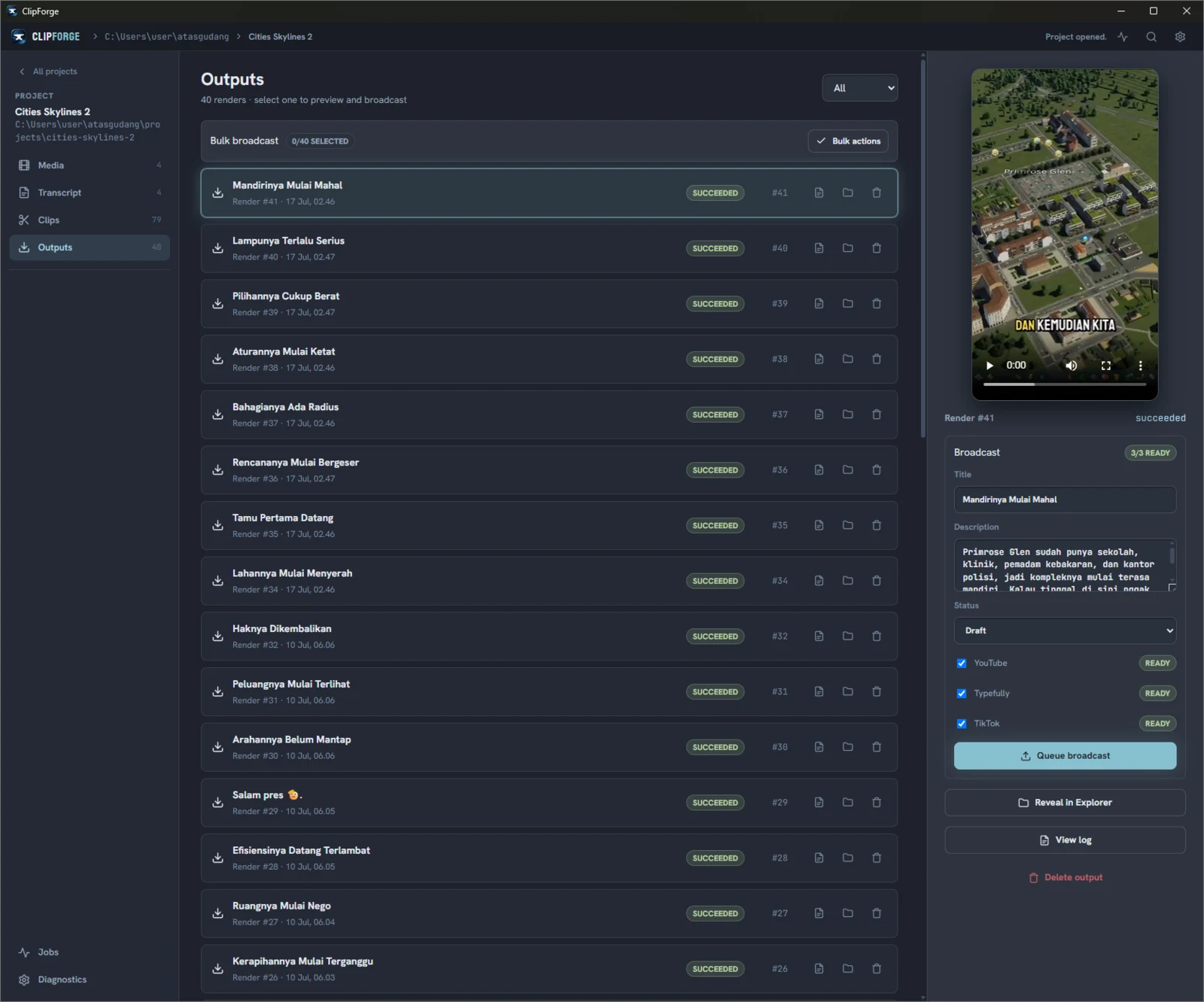 ClipForge outputs workspace showing successful renders, a vertical video preview, editable publishing metadata, and connected broadcast destinations